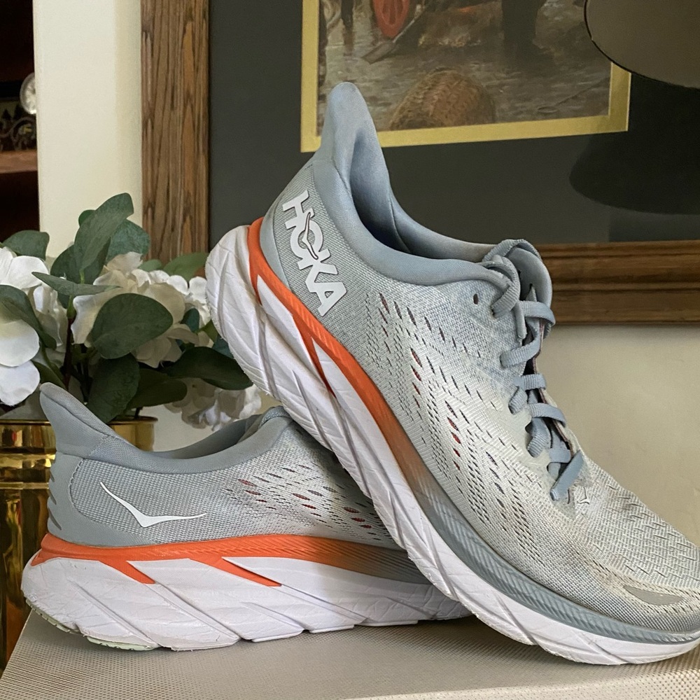 Hoka One One Clifton8 Running Shoes Gray Orange Women’s 9.5 GUC Athletic Walking